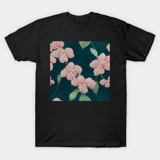 Pink Hydrangeas on Dark Green Floral Chiyogami Pattern T-Shirt
